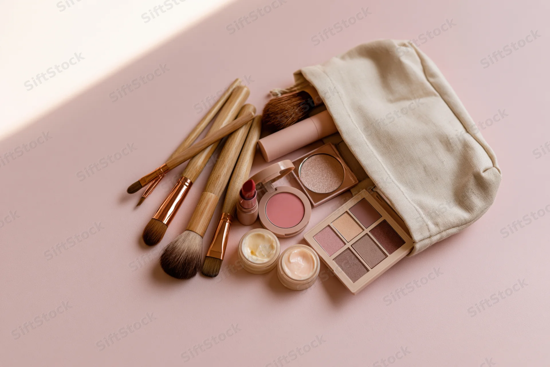 Makeup products spilled from an open beige cosmetic bag on a pink surface