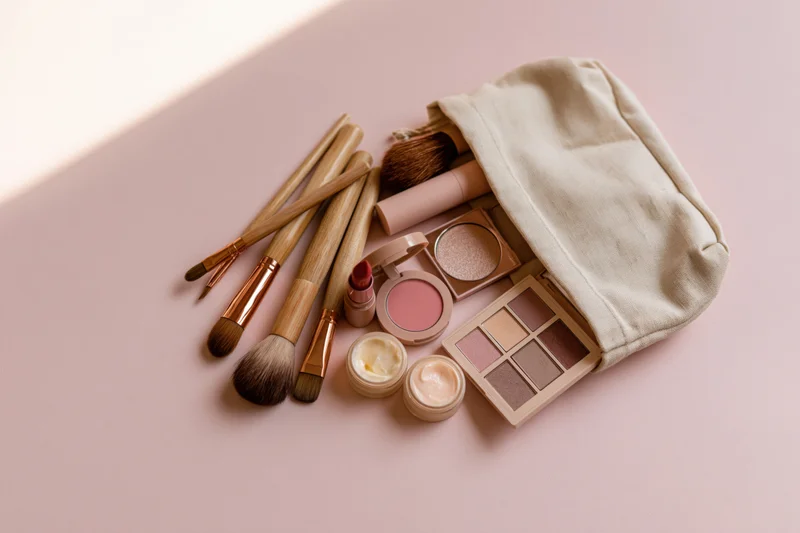 Makeup products spilled from an open beige cosmetic bag on a pink surface