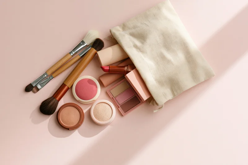 Makeup products spilled from an open beige cosmetic bag on a pink surface