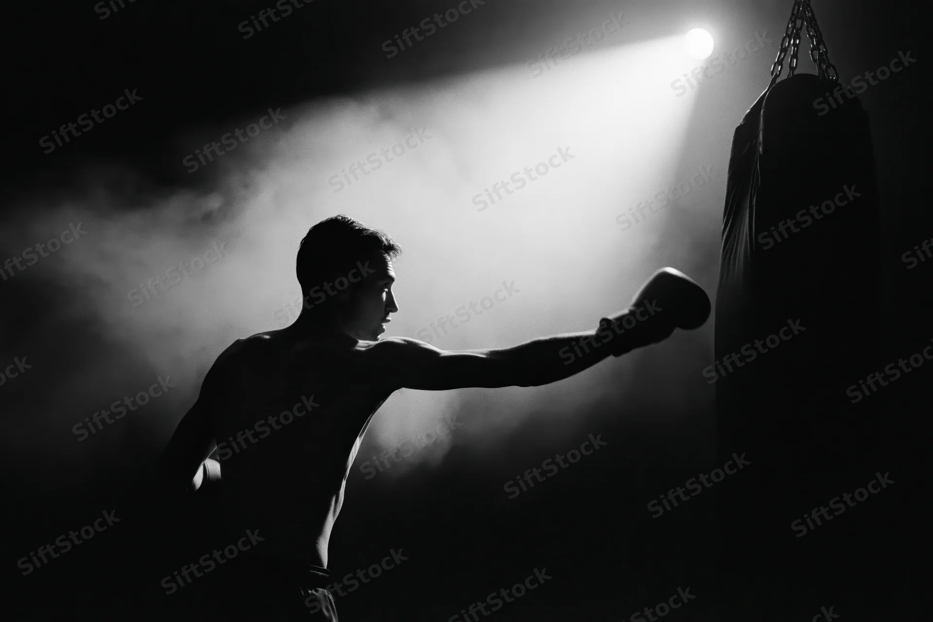 Male boxer punching a heavy bag in a dark gym under spotlight and smoke