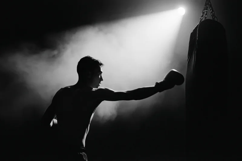 Male boxer punching a heavy bag in a dark gym under spotlight and smoke
