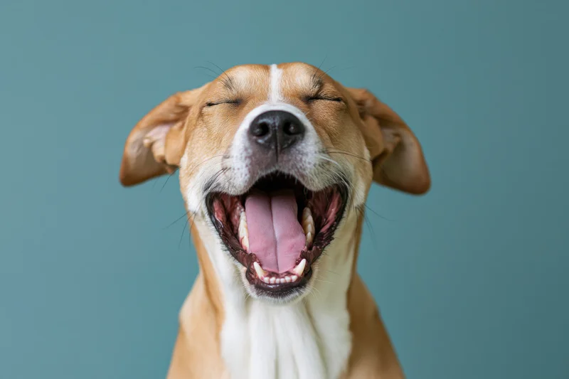 Close-up portrait of a brown and white mixed-breed dog yawning with eyes closed against a teal background