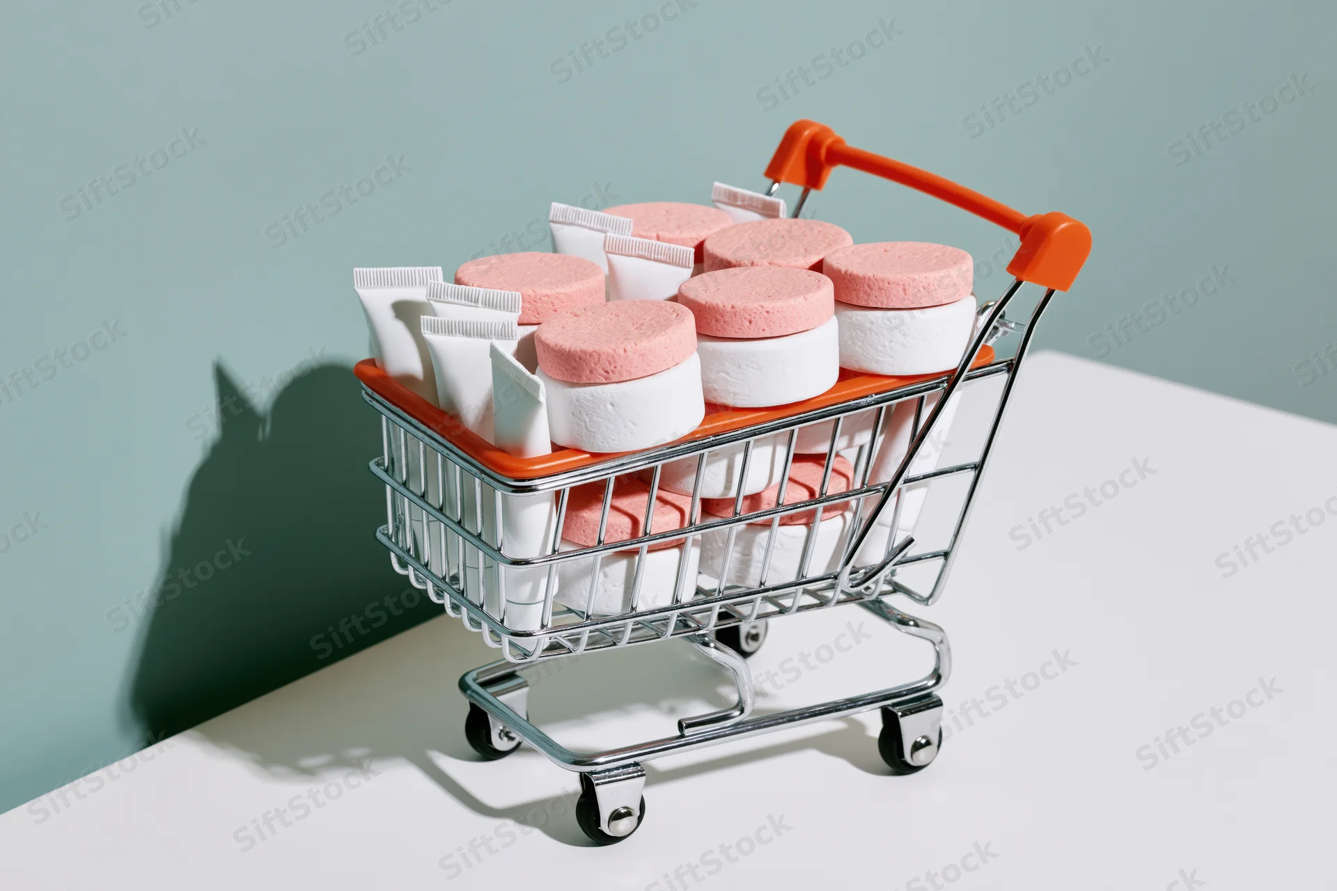 Miniature metal shopping cart filled with skincare products on a white surface against a teal background