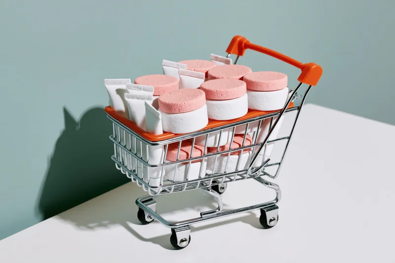 Miniature metal shopping cart filled with skincare products on a white surface against a teal background