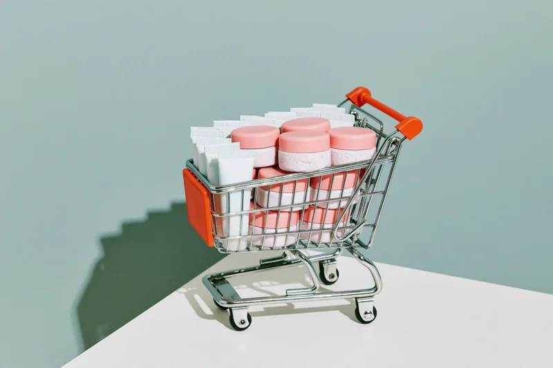 Miniature metal shopping cart filled with pink and white skincare jars on a white surface against a light blue background