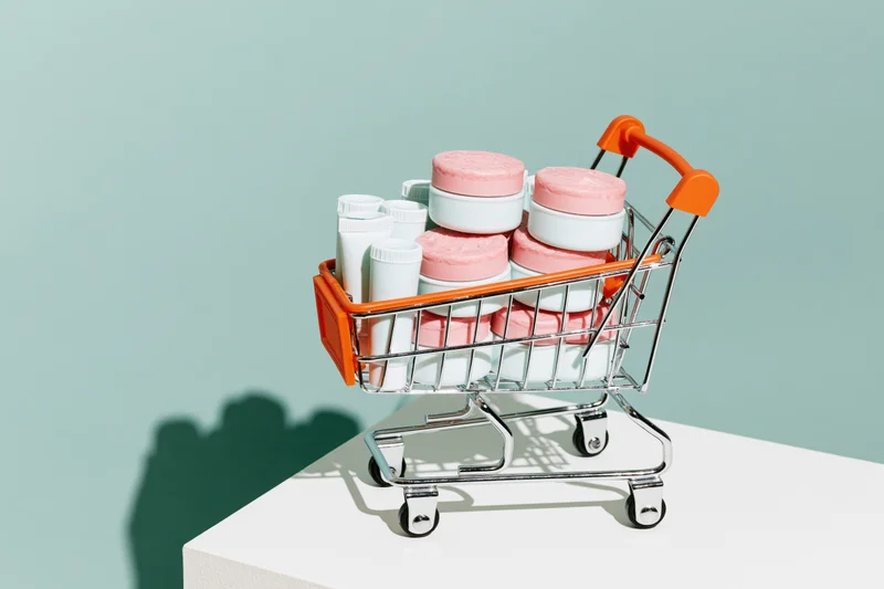 Miniature shopping cart filled with skincare products on a white platform against a teal background