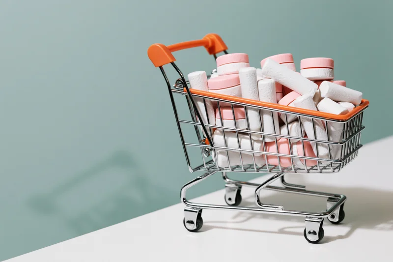 Miniature metal shopping cart filled with beauty products on a white surface against a mint background