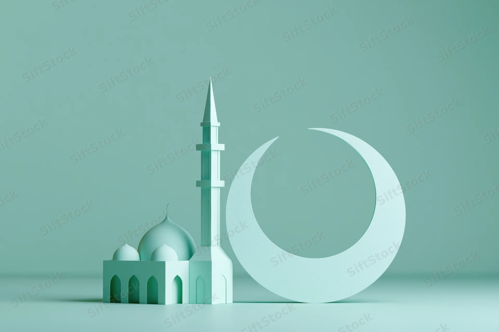 Miniature paper-cut style mosque with domes and a tall minaret beside a crescent moon on a teal background