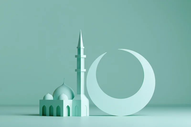 Miniature paper-cut style mosque with domes and a tall minaret beside a crescent moon on a teal background