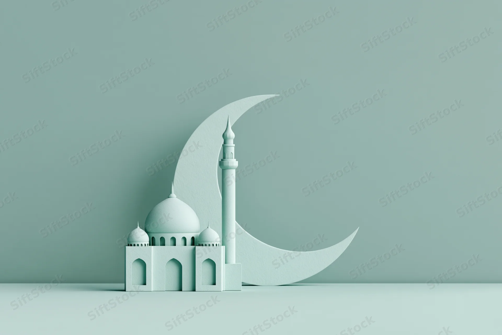 Miniature mosque with domes and minaret beside a crescent moon on a mint background