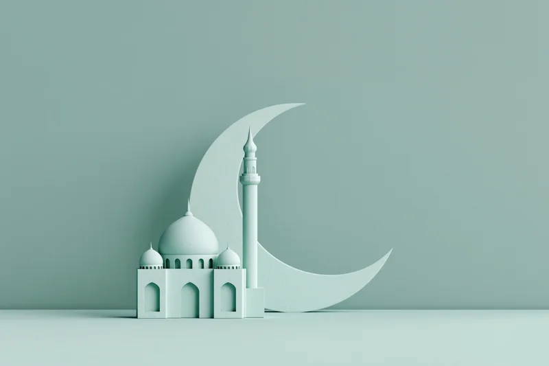 Miniature mosque with domes and minaret beside a crescent moon on a mint background