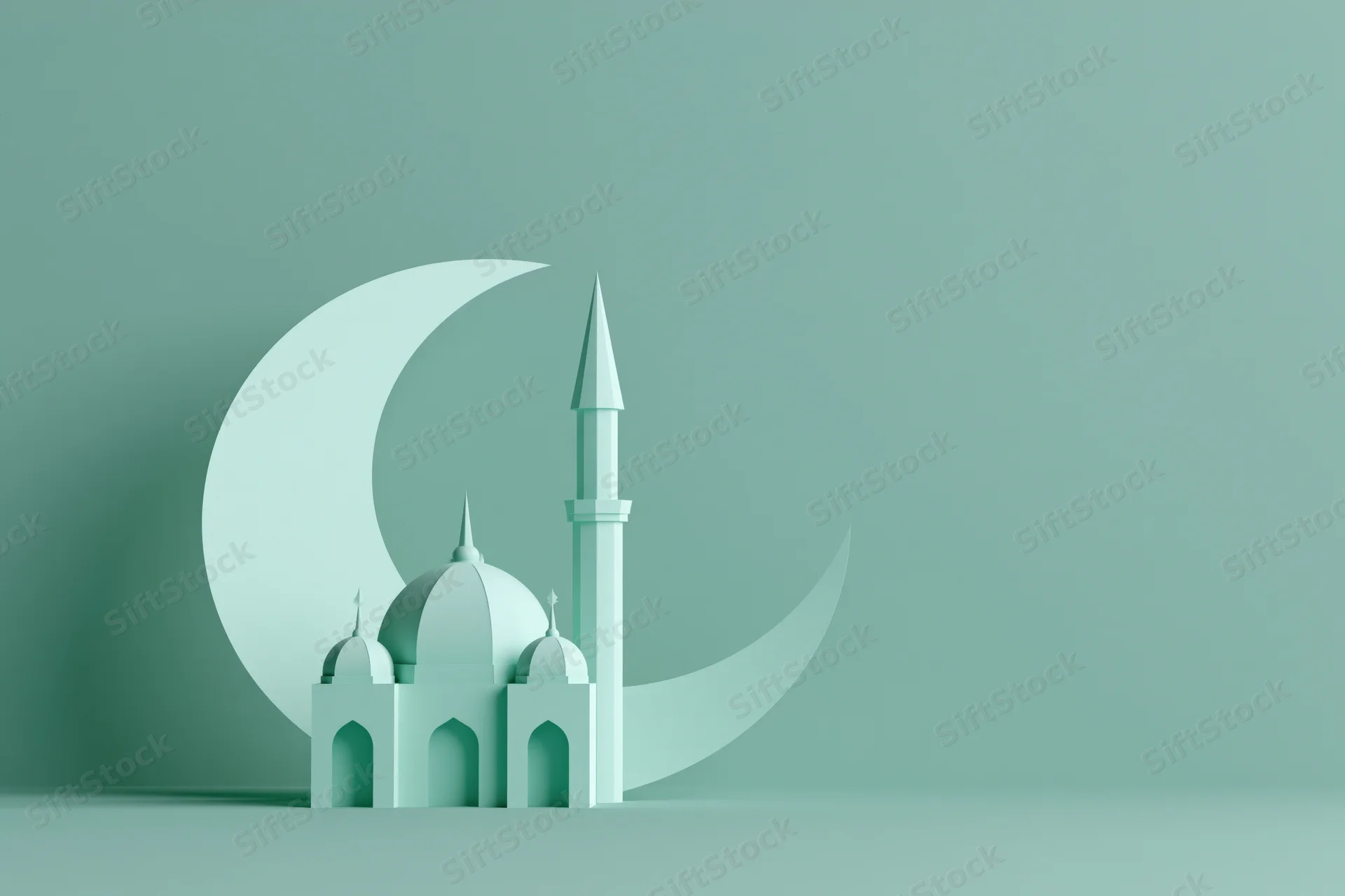 Miniature paper-cut style mosque with domes and a tall minaret against a green background