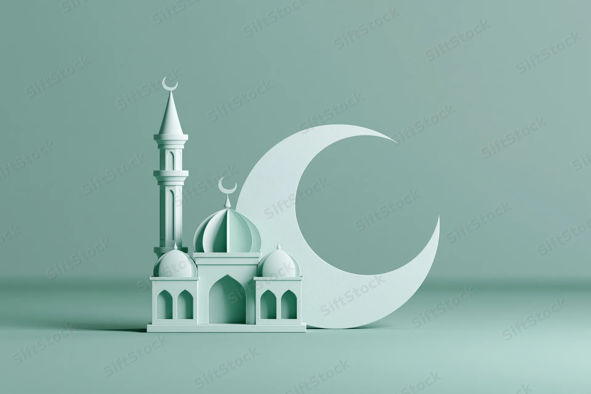 Miniature mosque model with crescent moon symbol on pastel green background