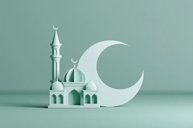 Miniature mosque model with crescent moon symbol on pastel green background