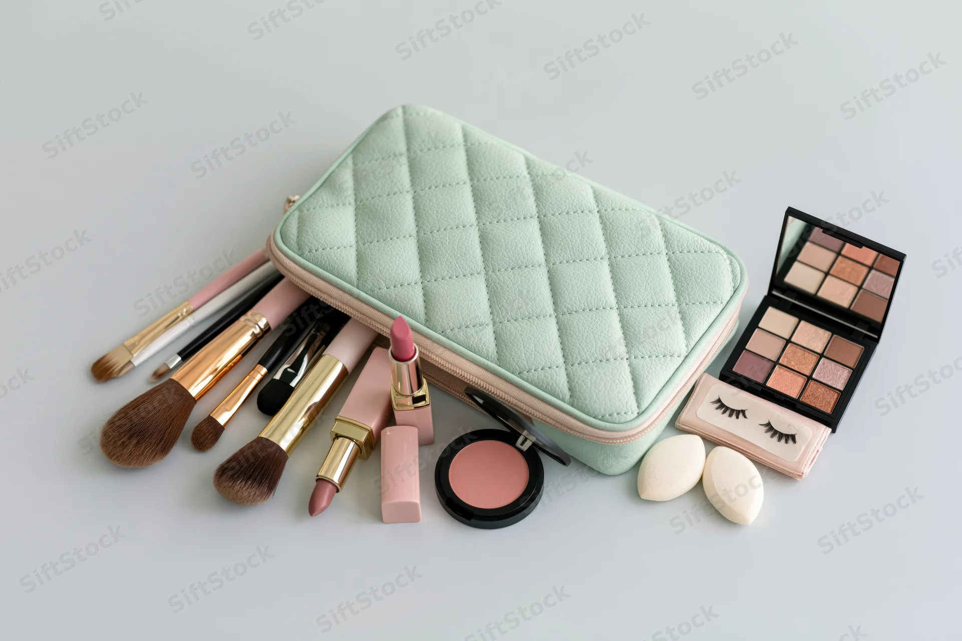 Mint green quilted cosmetics bag with makeup products spilled on white surface