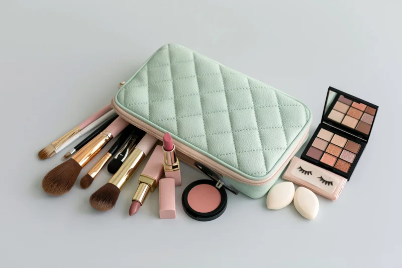 Mint green quilted cosmetics bag with makeup products spilled on white surface
