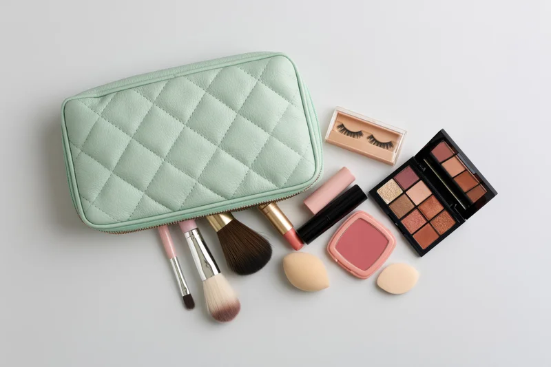 Mint green quilted cosmetics bag with makeup products spilled on white surface