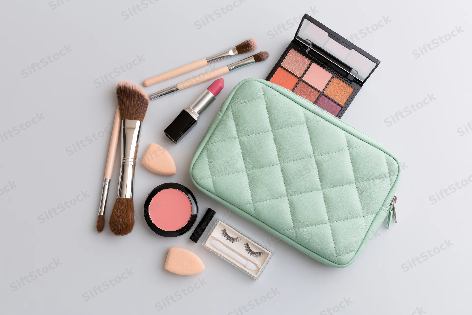 Mint green quilted cosmetics bag with makeup products arranged on white surface