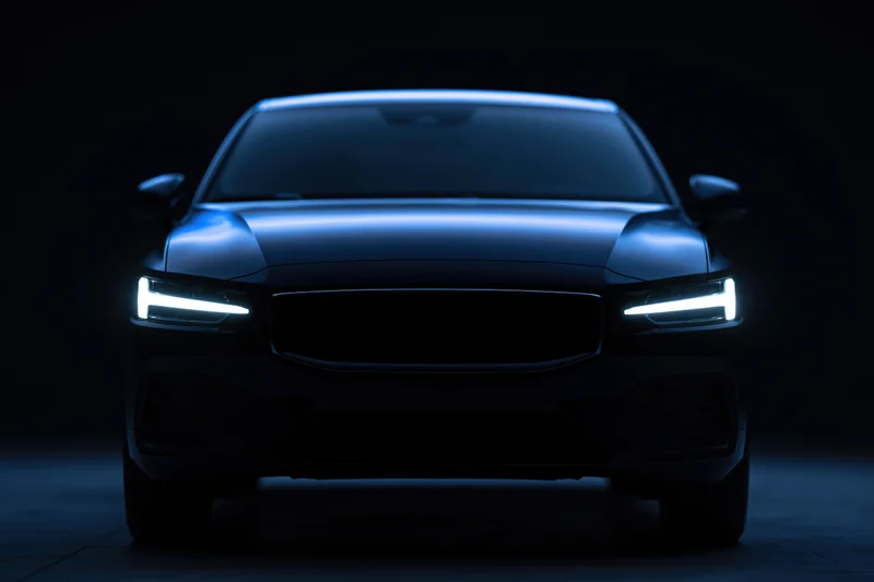 Modern sedan front view in dark studio with illuminated headlights and blue lighting