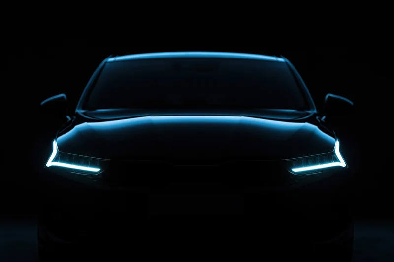 Modern sedan front view with glowing blue headlights in dark studio setting