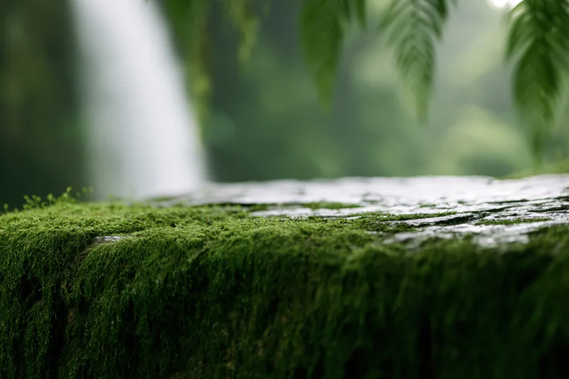 Moss-covered rock surface in a forest with waterfall and ferns in the background
