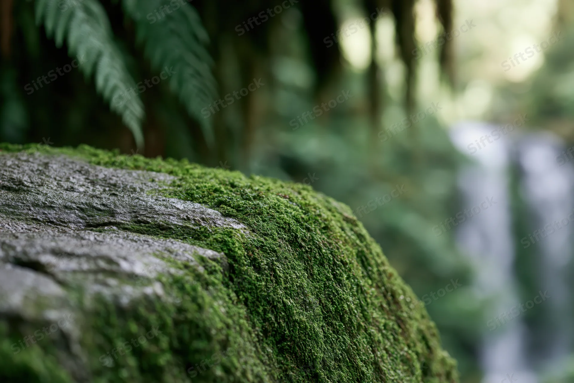Moss-covered rock in a forest with waterfall and ferns in the background