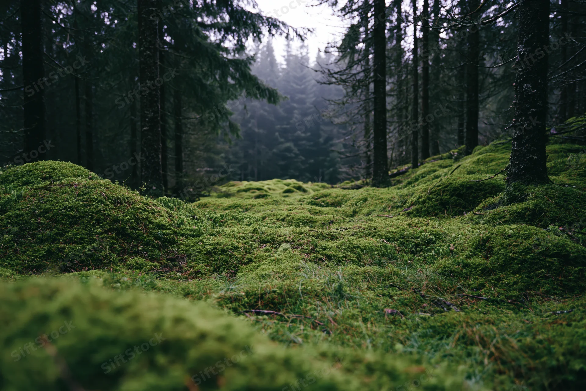 Moss-covered forest floor with rolling green mounds leading into dense trees