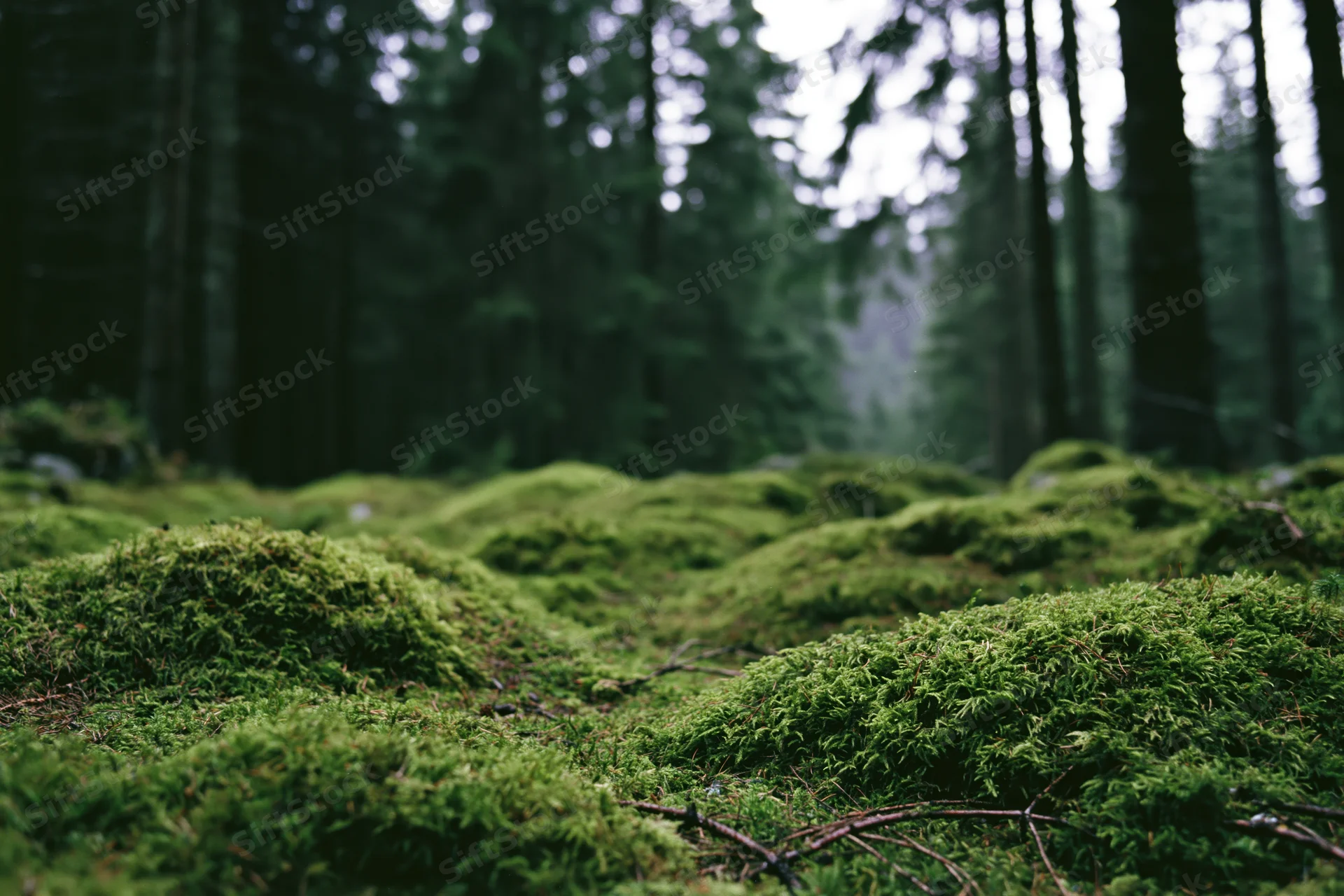 Moss-covered forest floor with rolling green mounds under tall trees