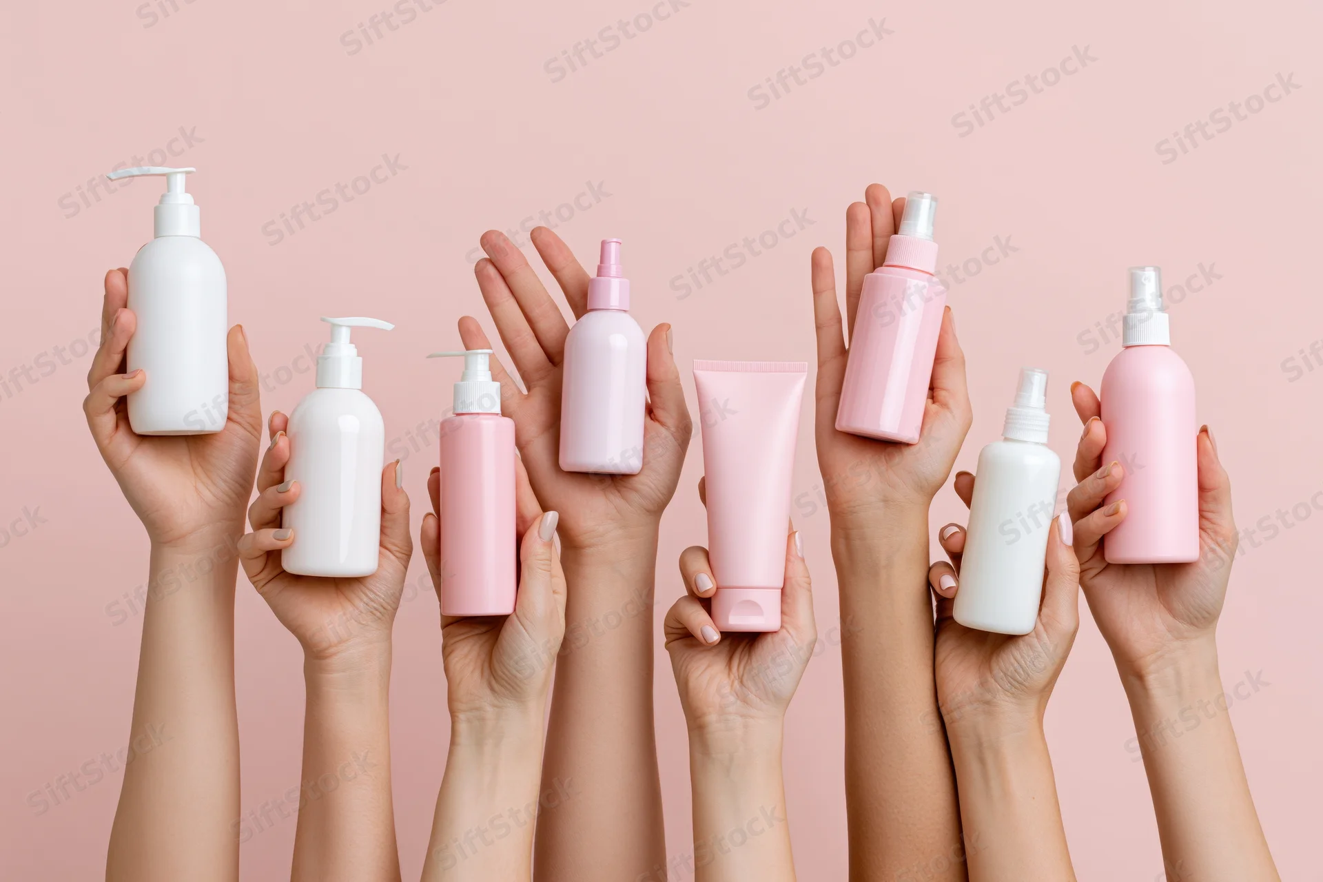 Multiple hands holding skincare bottles and tubes against a pink background