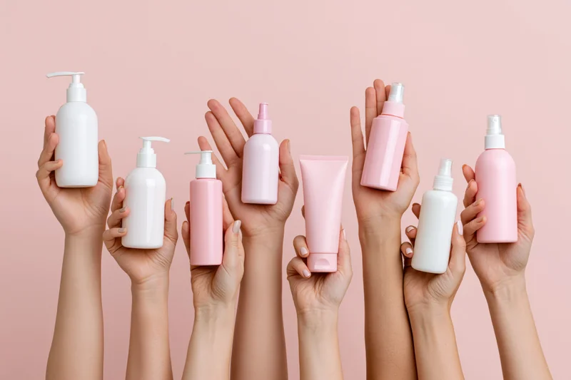 Multiple hands holding skincare bottles and tubes against a pink background