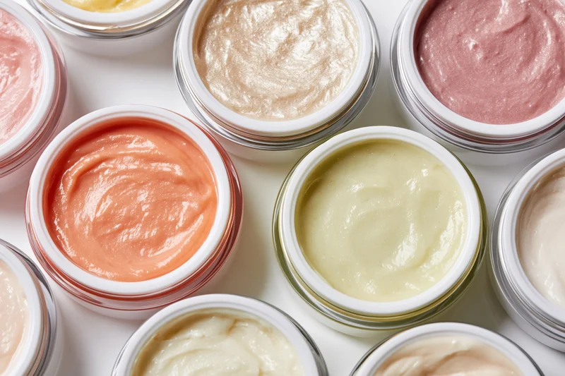 Open cosmetic cream jars arranged in a flat lay grid on white surface