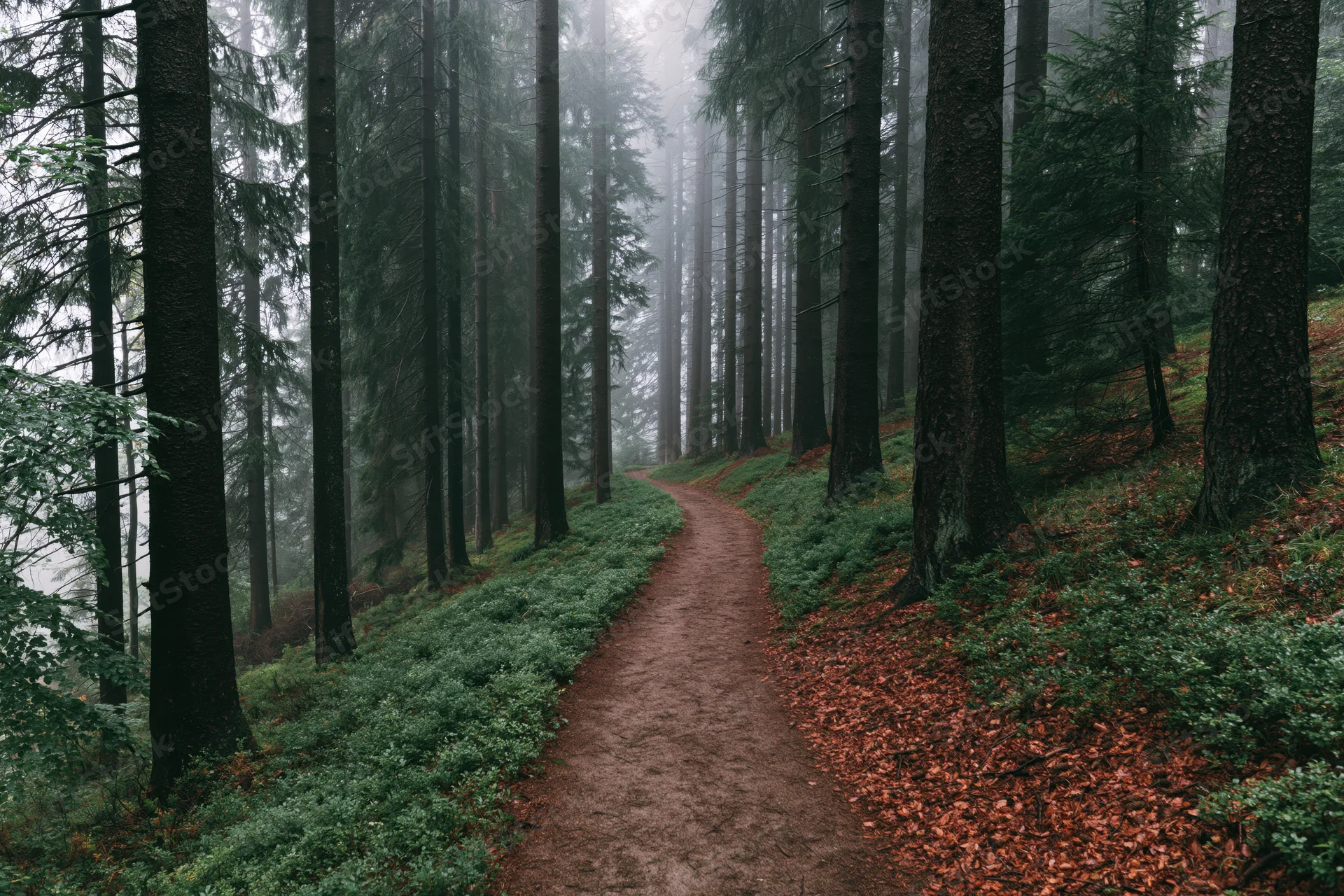 Narrow dirt path winding through dense foggy forest with tall conifer trees and autumn leaves on ground