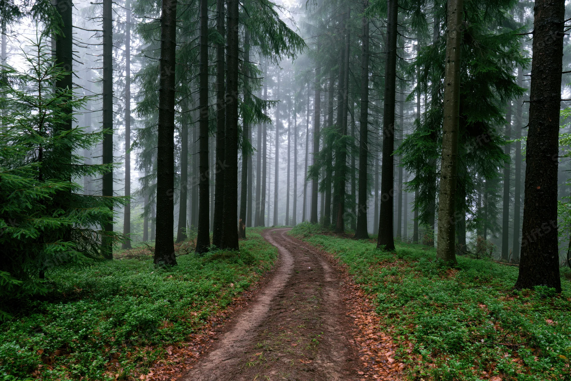 Narrow dirt path winding through dense coniferous forest in misty weather