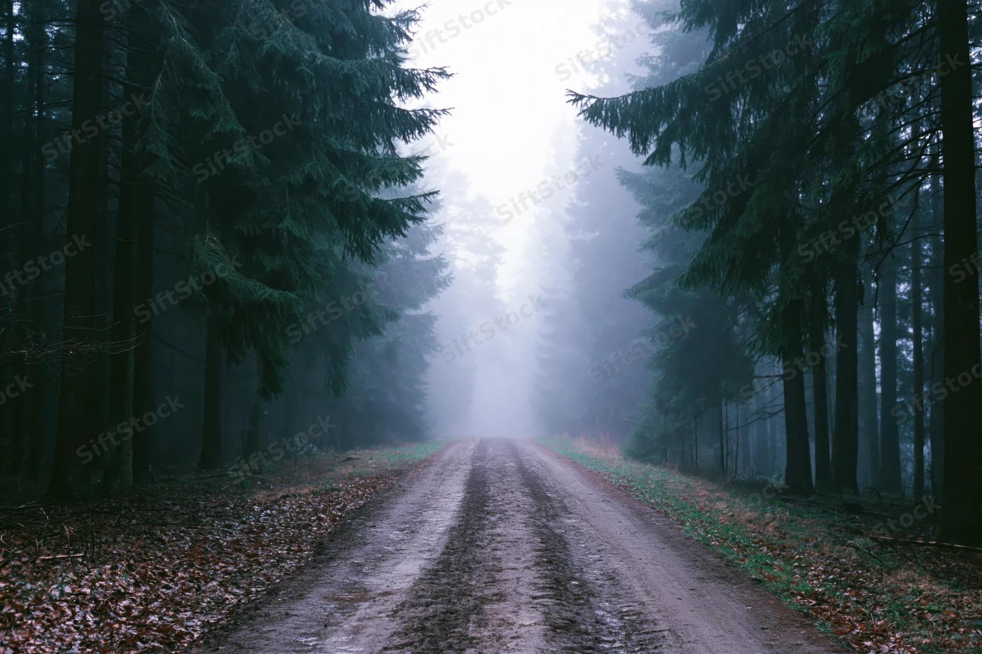 Narrow dirt road cutting through dense conifer forest in misty autumn light