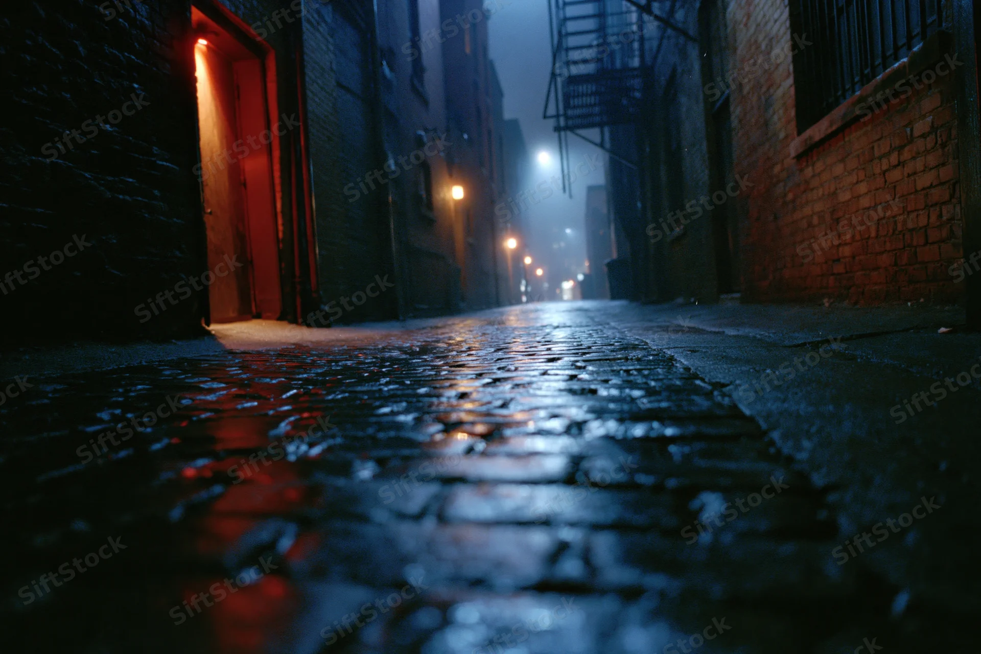 Narrow urban alley at night with wet cobblestone pavement reflecting streetlights and a red-lit doorway
