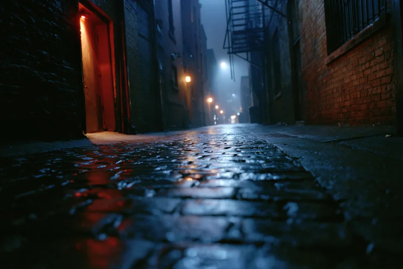 Narrow urban alley at night with wet cobblestone pavement reflecting streetlights and a red-lit doorway