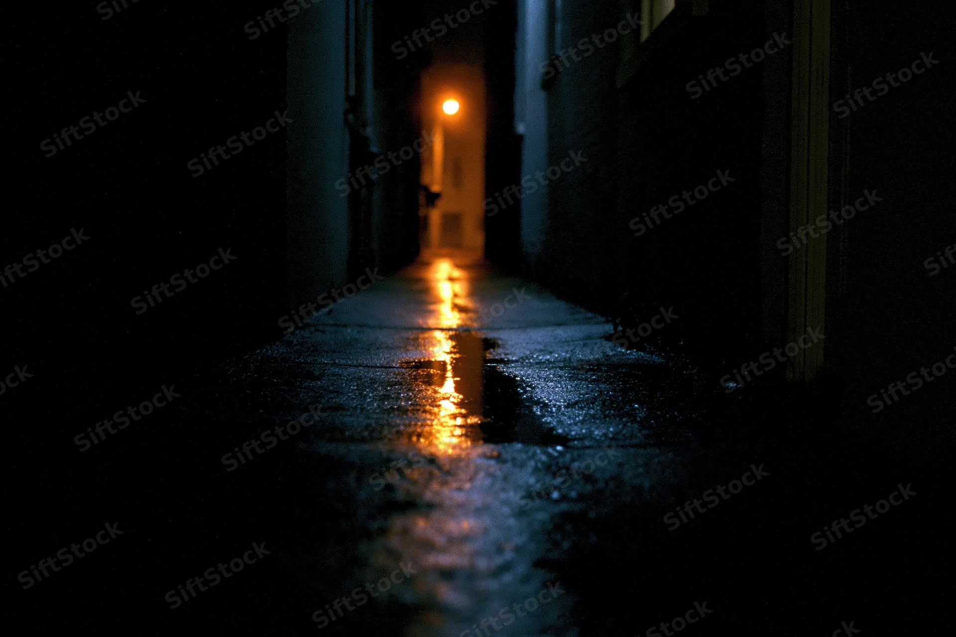 Narrow urban alley at night with wet concrete reflecting distant orange light