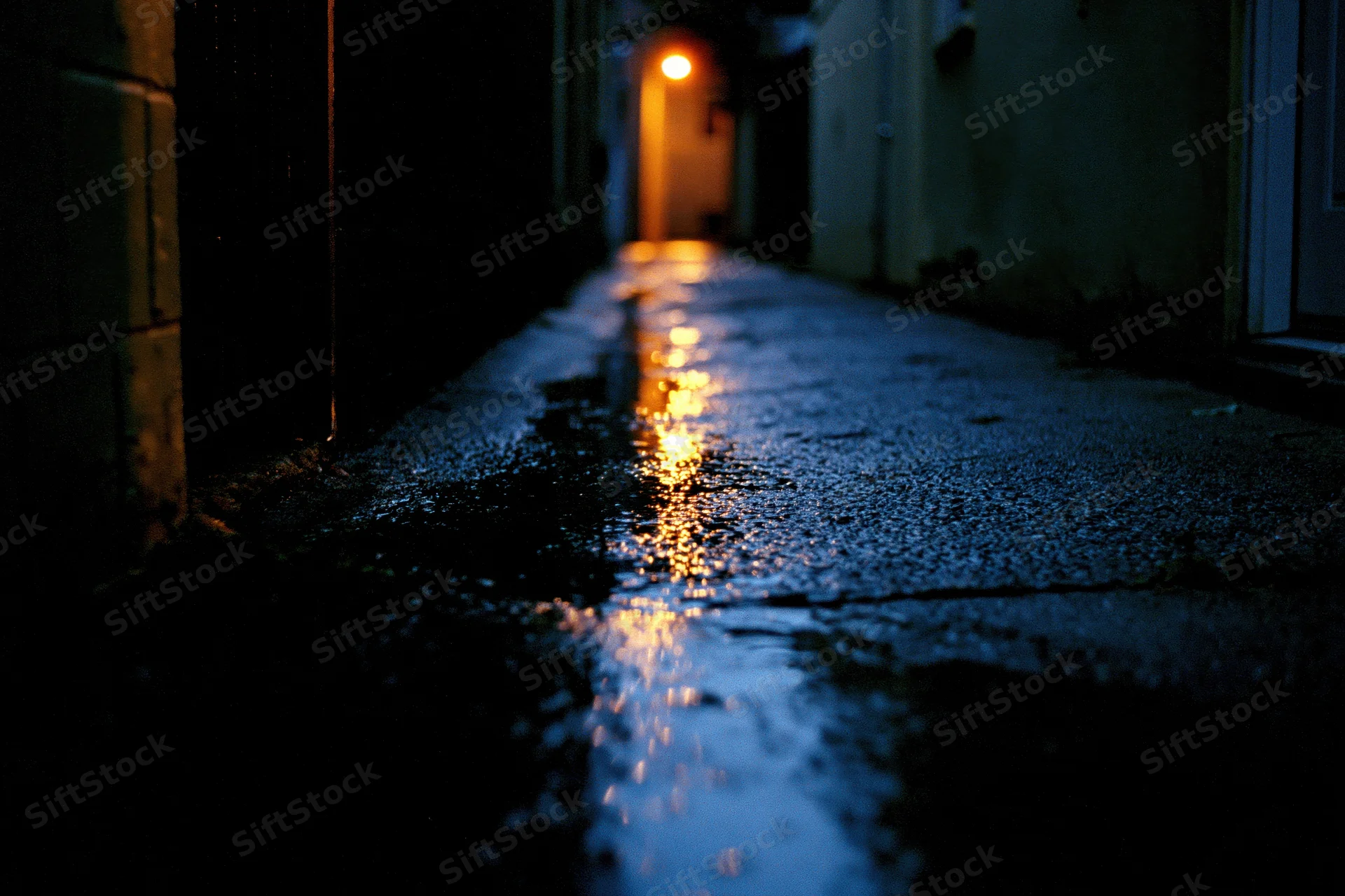 Wet concrete alley at night with glowing light reflection on pavement