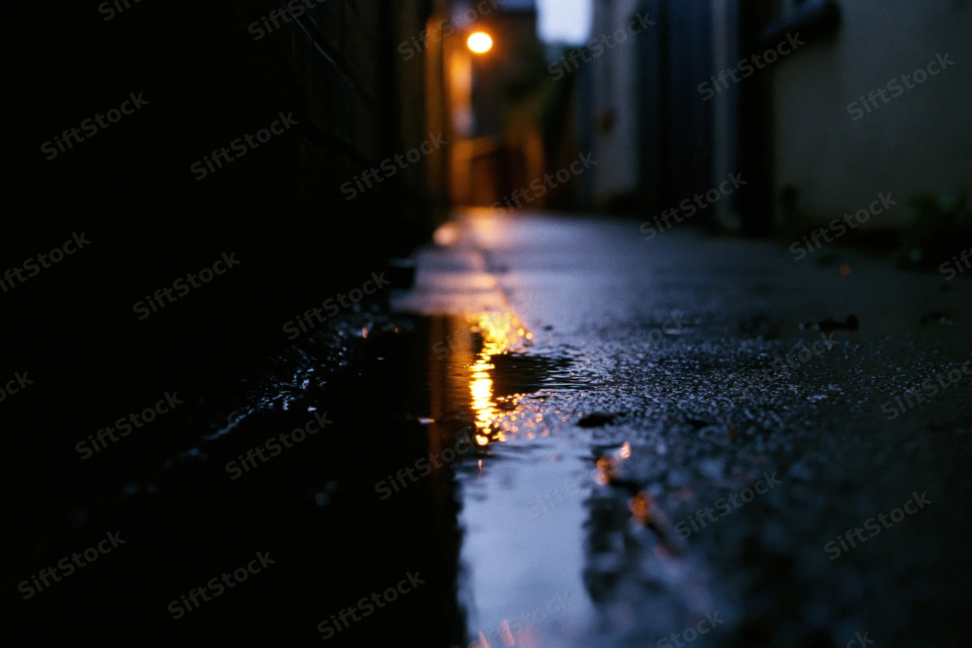 Narrow urban alley at night with wet concrete reflecting streetlight glow