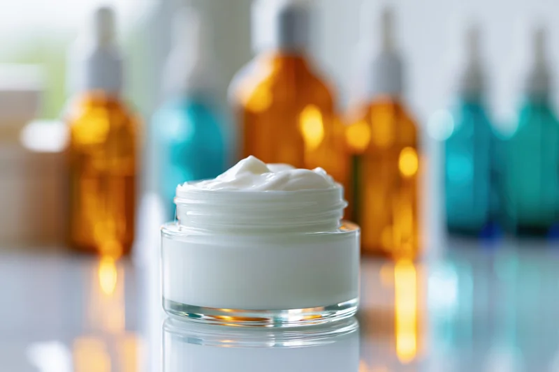 Open glass jar of white face cream centered on reflective white surface with blurred bottles in background