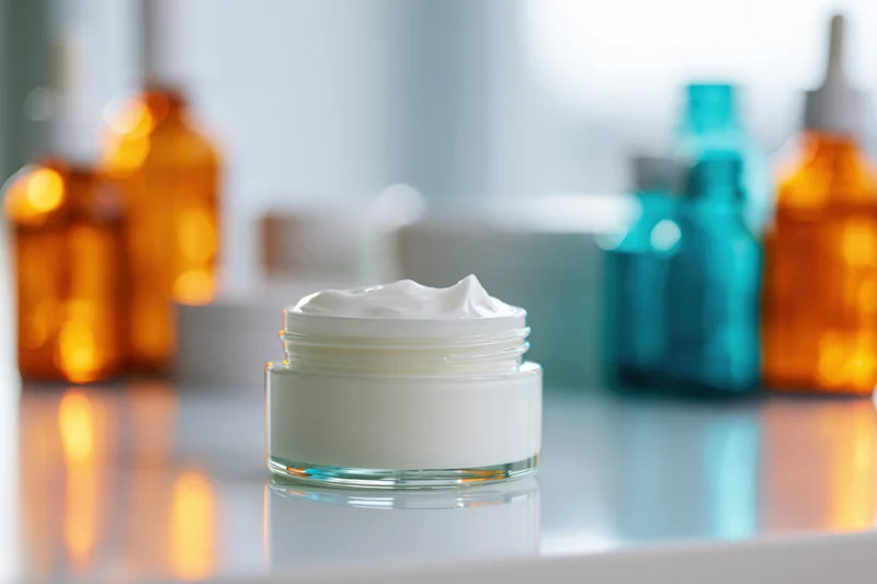 Open glass jar of white face cream centered on reflective countertop with blurred bottles in background