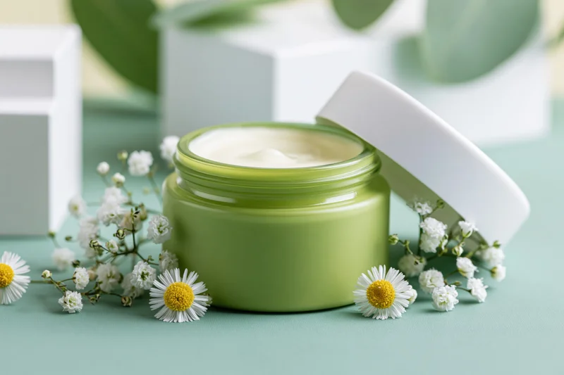Open green glass jar of face cream with white lid and flowers on mint surface
