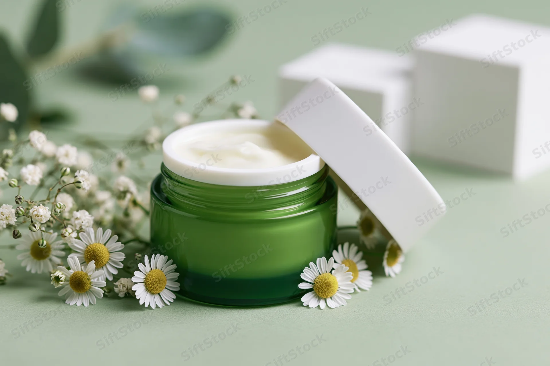 Open green glass jar of face cream with white lid and flowers on light green surface