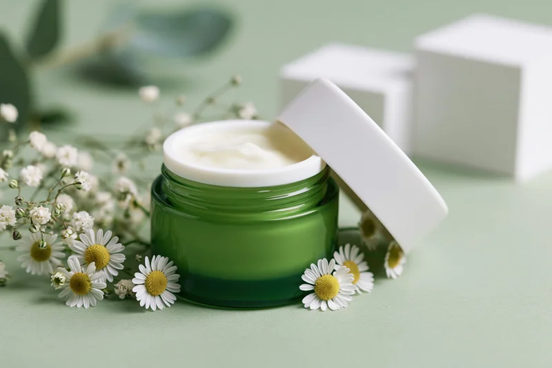 Open green glass jar of face cream with white lid and flowers on light green surface