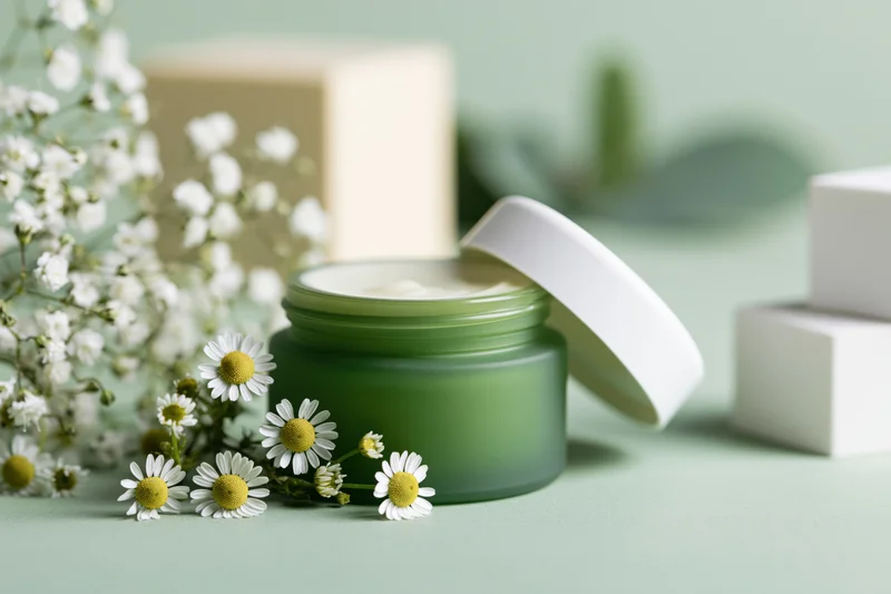 Open green glass jar of face cream with white lid and daisies on light green surface