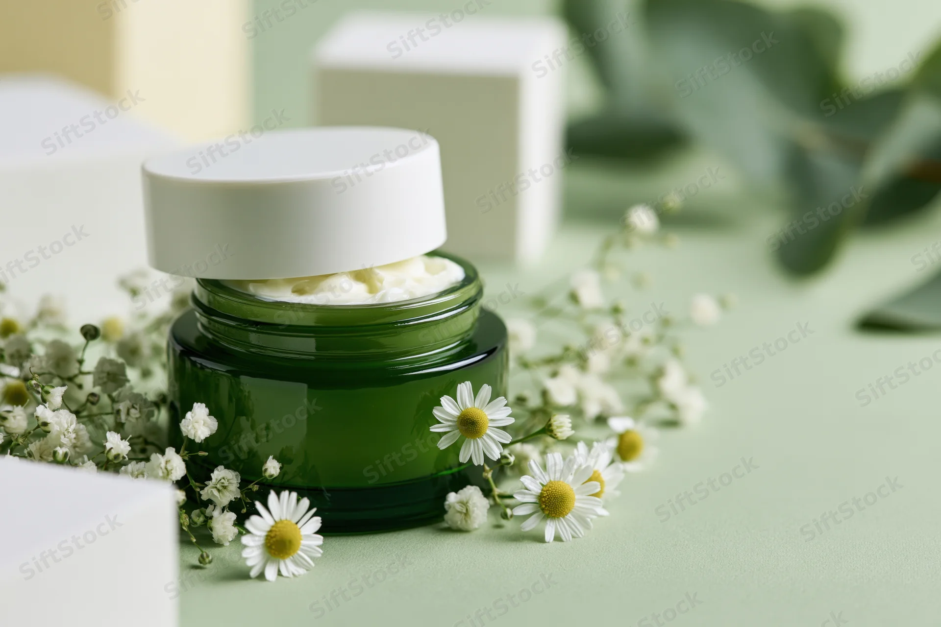Open green glass jar of face cream with white lid surrounded by daisies and foliage on a light green surface