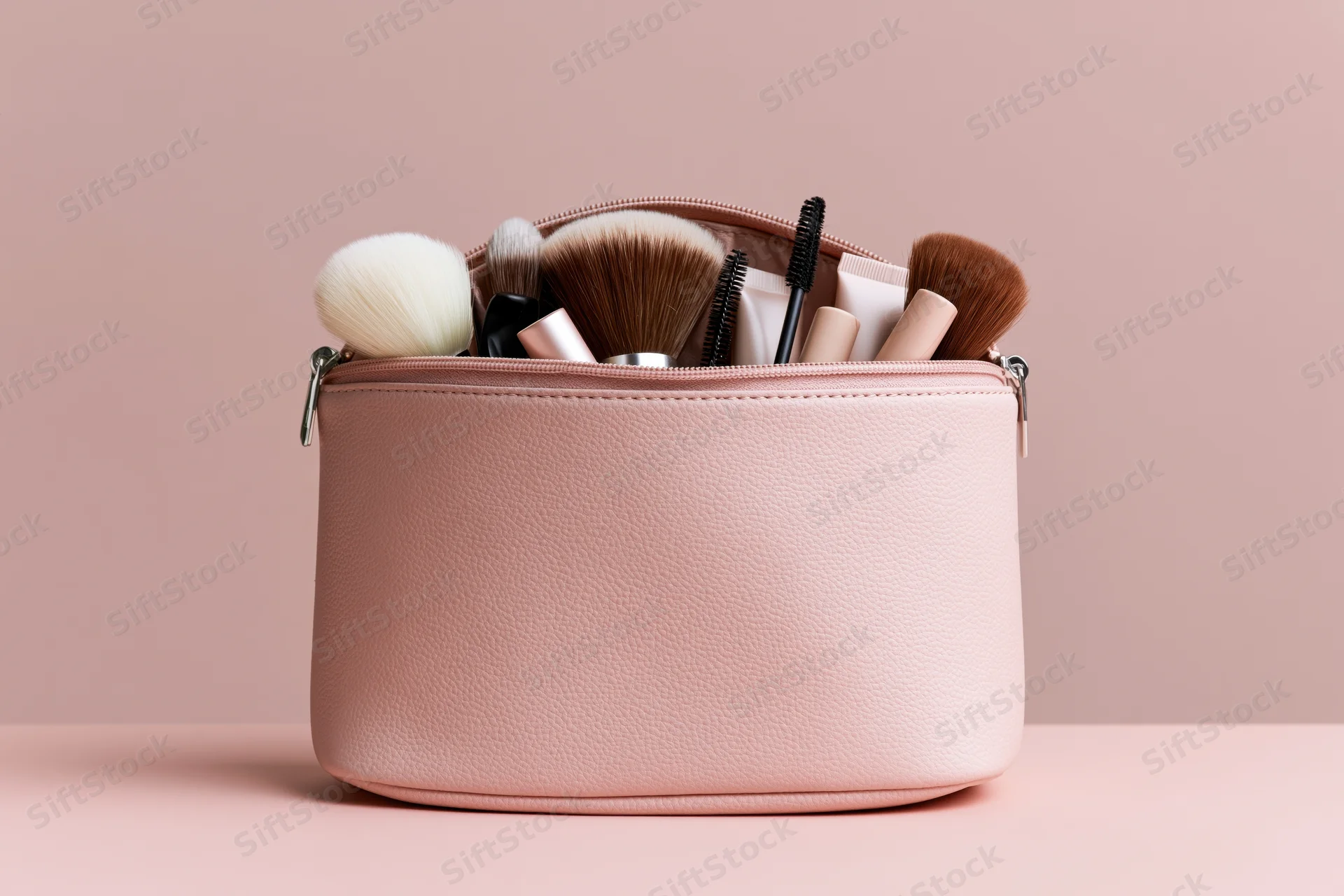 Open pale pink faux-leather makeup bag filled with brushes and cosmetic tubes on a matching pink surface