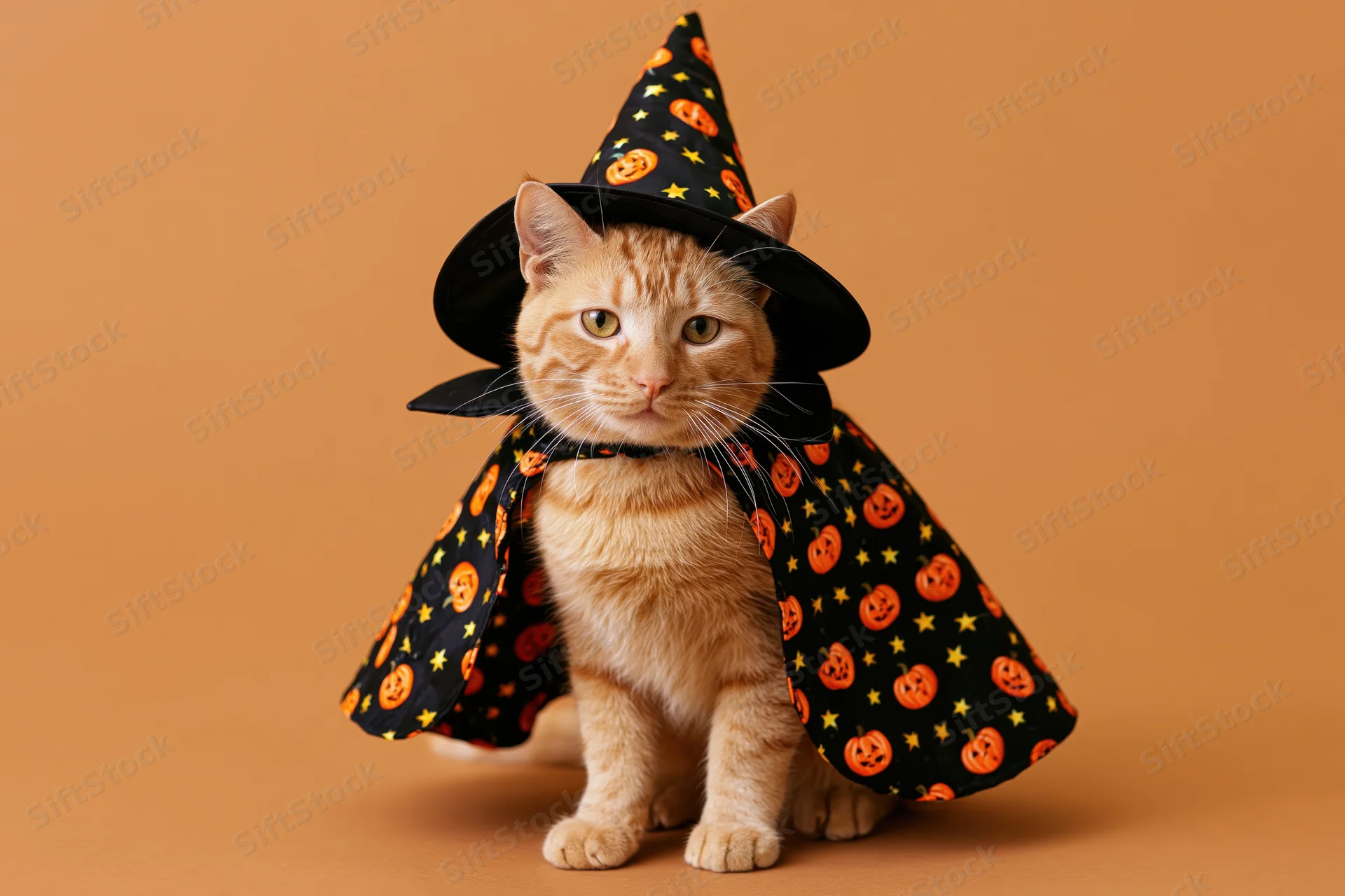 Orange tabby cat sitting upright in a black witch costume with pumpkin and star pattern on solid background