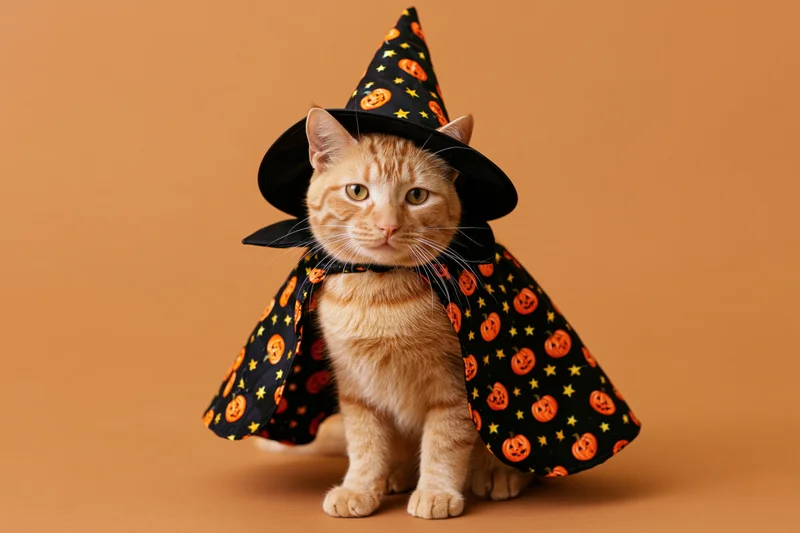Orange tabby cat sitting upright in a black witch costume with pumpkin and star pattern on solid background