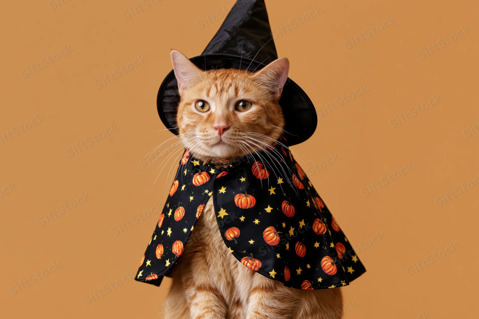 Orange tabby cat sitting upright in witch costume with black hat and pumpkin-star cape against solid background